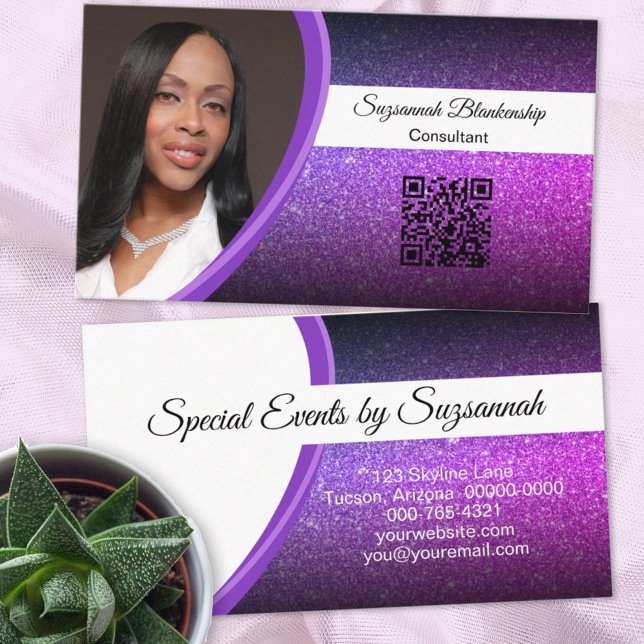 Purple Faux Glitter Professional Photo QR Code Business Card (Creator Uploaded)