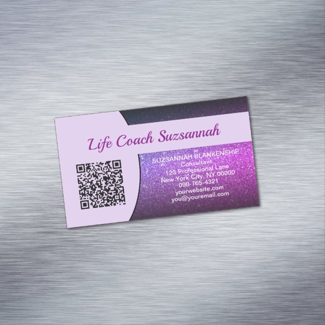 Purple Faux Glitter QR Code Professional Business Card Magnet (In Situ)