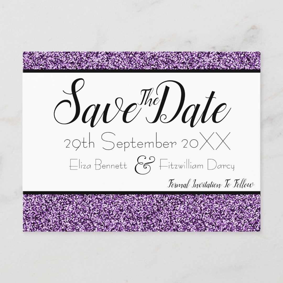 Purple Faux Glitter Save the Date Postcard | Zazzle