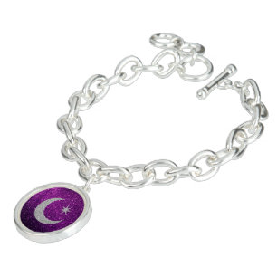 Purple Faux Glitter Silver Moon&Star CharmBracelet Charm Bracelet