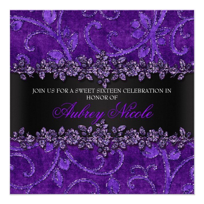 Purple Faux Glitter & Velvet Floral Sweet Sixteen Announcements