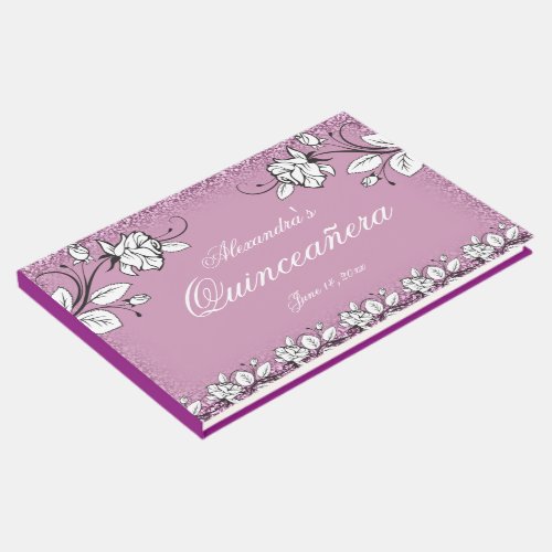 Purple Faux Glitter White Rose Elegant Quinceanera Guest Book