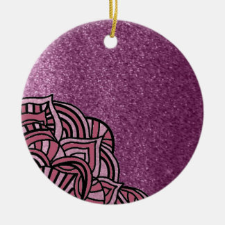 Purple Faux Glitter With Medallion Design Ceramic Ornament