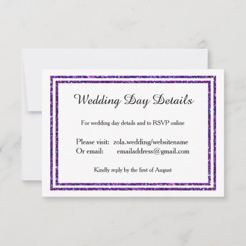 Purple Faux Glittered Trim _ Wedding Day Details RSVP Card