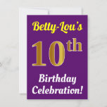 [ Thumbnail: Purple, Faux Gold 10th Birthday Celebration + Name Invitation ]