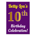 [ Thumbnail: Purple, Faux Gold 10th Birthday Celebration + Name Invitation ]