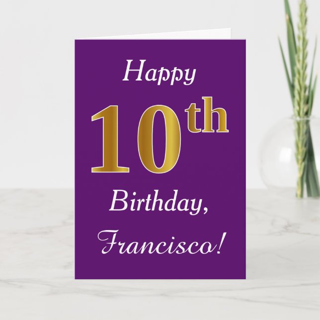 Purple, Faux Gold 10th Birthday + Custom Name Card (Front)