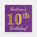 [ Thumbnail: Purple, Faux Gold 10th Birthday + Custom Name Napkin ]