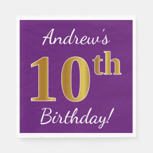 Purple, Faux Gold 10th Birthday + Custom Name Napkins