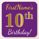 [ Thumbnail: Purple, Faux Gold 10th Birthday + Custom Name Paper Coaster ]