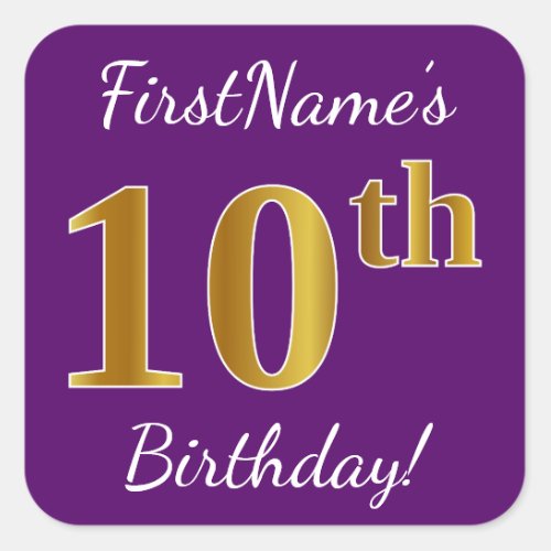 Purple Faux Gold 10th Birthday  Custom Name Square Sticker