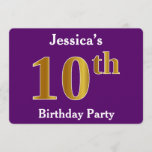 [ Thumbnail: Purple, Faux Gold 10th Birthday Party; Custom Name Invitation ]