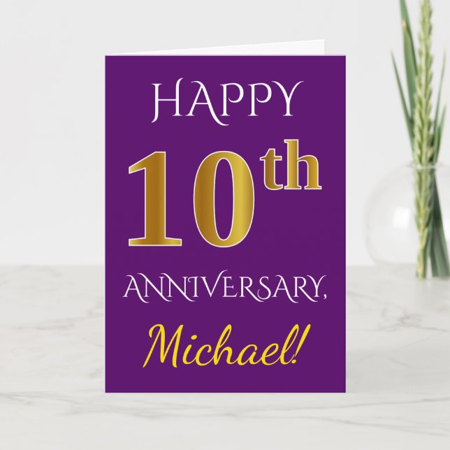 Purple, Faux Gold 10th Wedding Anniversary + Name Card (Front)