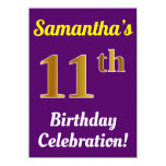 [ Thumbnail: Purple, Faux Gold 11th Birthday Celebration + Name Invitation ]