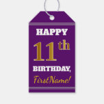 [ Thumbnail: Purple, Faux Gold 11th Birthday + Custom Name Gift Tags ]