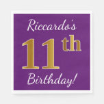 [ Thumbnail: Purple, Faux Gold 11th Birthday + Custom Name Paper Napkin ]
