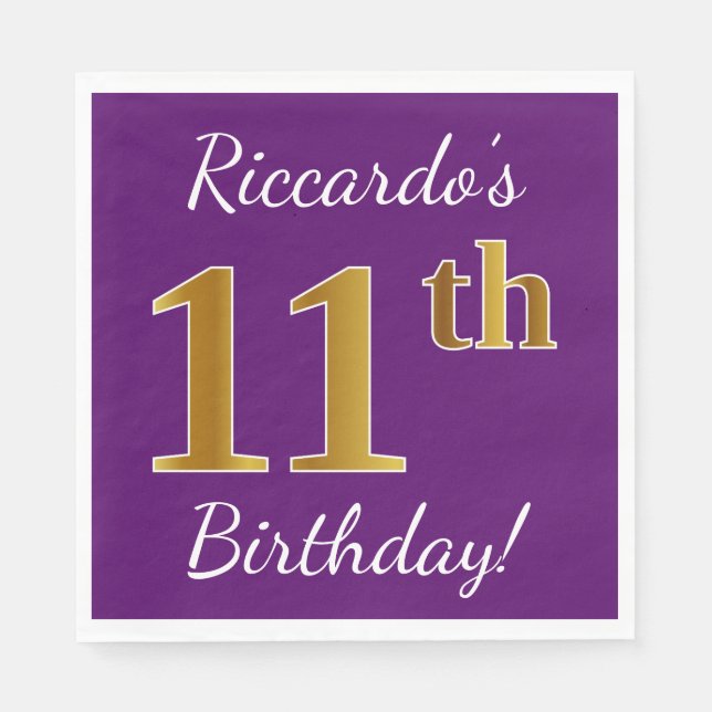 Purple, Faux Gold 11th Birthday + Custom Name Paper Napkins (Front)