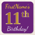 [ Thumbnail: Purple, Faux Gold 11th Birthday + Custom Name Paper Coaster ]