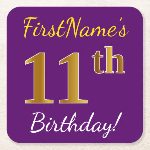 Purple, Faux Gold 11th Birthday + Custom Name Square Paper Coaster