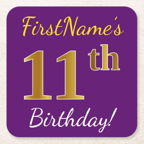 Purple Faux Gold 11th Birthday  Custom Name Square Paper Coaster