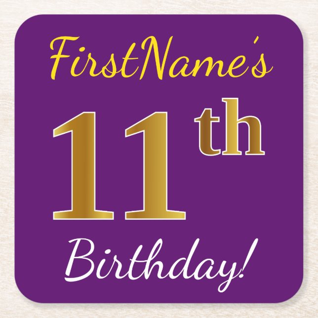 Purple, Faux Gold 11th Birthday + Custom Name Square Paper Coaster (Front)