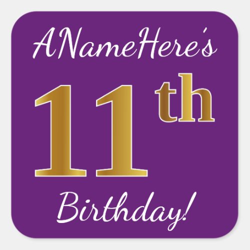 Purple Faux Gold 11th Birthday  Custom Name Square Sticker