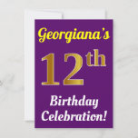[ Thumbnail: Purple, Faux Gold 12th Birthday Celebration + Name Invitation ]