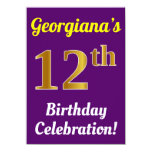 [ Thumbnail: Purple, Faux Gold 12th Birthday Celebration + Name Invitation ]