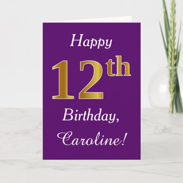 Purple, Faux Gold 12th Birthday + Custom Name Card (Front)