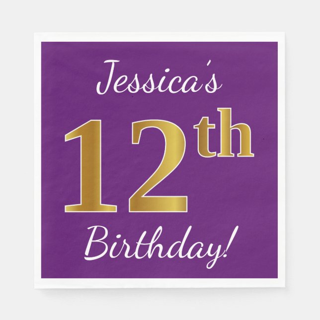 Purple, Faux Gold 12th Birthday + Custom Name Paper Napkins (Front)
