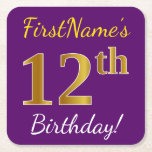 [ Thumbnail: Purple, Faux Gold 12th Birthday + Custom Name Paper Coaster ]