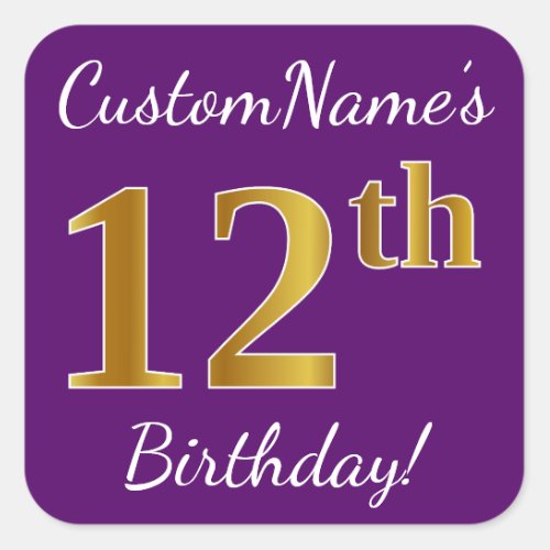 Purple Faux Gold 12th Birthday  Custom Name Square Sticker