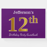 [ Thumbnail: Purple, Faux Gold 12th Birthday Party; Custom Name Guest Book ]