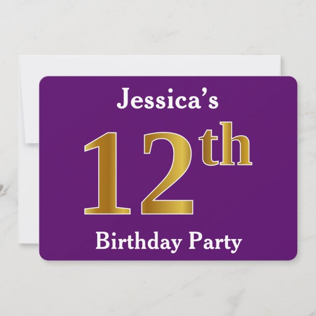Purple, Faux Gold 12th Birthday Party; Custom Name Invitation (Front)