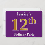 [ Thumbnail: Purple, Faux Gold 12th Birthday Party; Custom Name Invitation ]