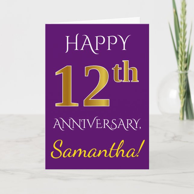 Purple, Faux Gold 12th Wedding Anniversary + Name Card (Front)