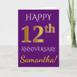 [ Thumbnail: Purple, Faux Gold 12th Wedding Anniversary + Name Card ]