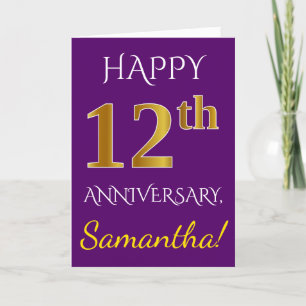 Purple, Faux Gold 12th Wedding Anniversary + Name Card