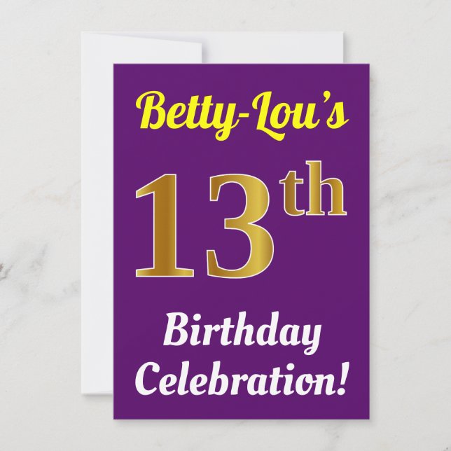 Purple, Faux Gold 13th Birthday Celebration + Name Invitation (Front)
