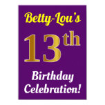 [ Thumbnail: Purple, Faux Gold 13th Birthday Celebration + Name Invitation ]