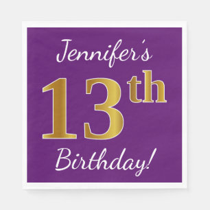 Purple, Faux Gold 13th Birthday + Custom Name Paper Napkins
