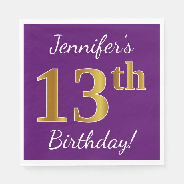 Purple, Faux Gold 13th Birthday + Custom Name Paper Napkins (Front)