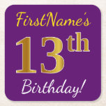 [ Thumbnail: Purple, Faux Gold 13th Birthday + Custom Name Paper Coaster ]