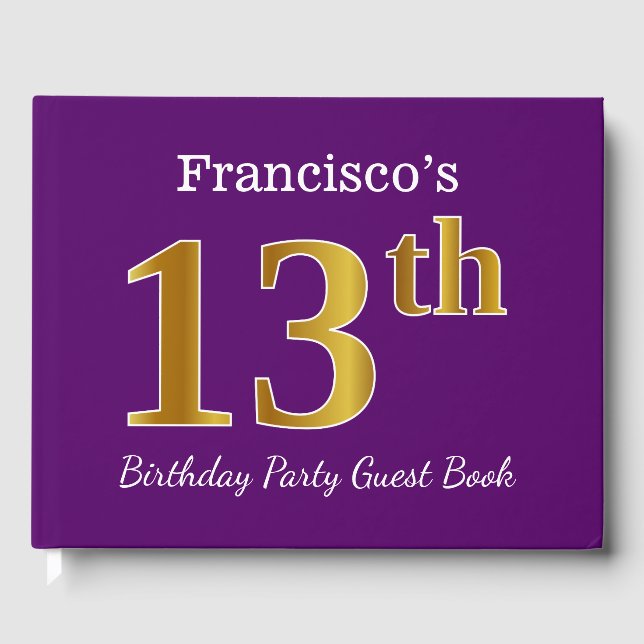 Purple, Faux Gold 13th Birthday Party; Custom Name Guest Book (Front)
