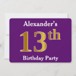 [ Thumbnail: Purple, Faux Gold 13th Birthday Party; Custom Name Invitation ]