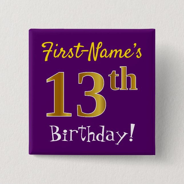 Purple, Faux Gold 13th Birthday, With Custom Name Button (Front)