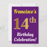 [ Thumbnail: Purple, Faux Gold 14th Birthday Celebration + Name Invitation ]