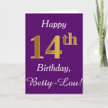[ Thumbnail: Purple, Faux Gold 14th Birthday + Custom Name Card ]