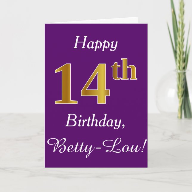 Purple, Faux Gold 14th Birthday + Custom Name Card (Front)