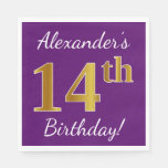 [ Thumbnail: Purple, Faux Gold 14th Birthday + Custom Name Paper Napkin ]
